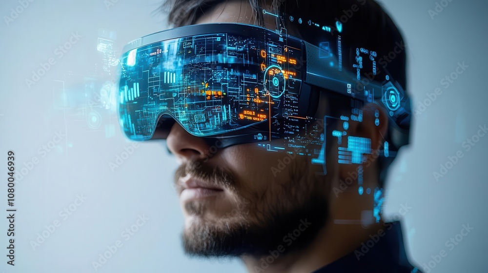 A man wearing virtual reality goggles immersed in a digital environment A man wearing virtual reality goggles immersed in a digital environment