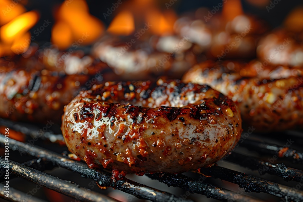 Grilled Sausages Sizzling Over an Open Flame for a Summer Barbecue Grilled Sausages Sizzling Over an Open Flame for a Summer Barbecue