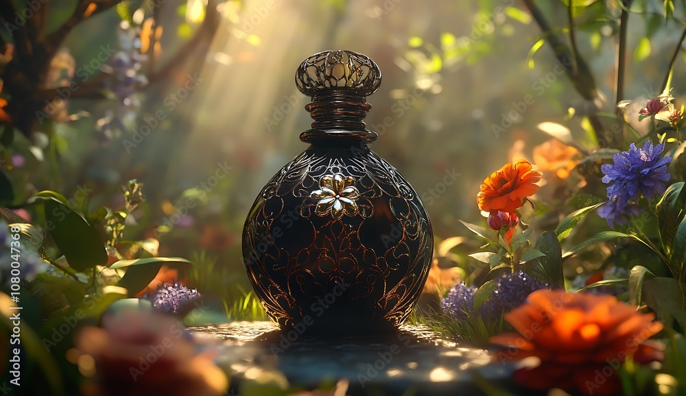 A bottle of black perfume with exquisite glass and metal decorations, placed on the table surrounded by flowers A bottle of black perfume with exquisite glass and metal decorations, placed on the table surrounded by flowers