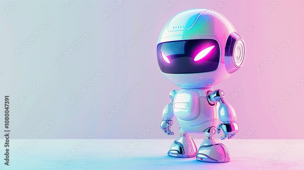 The robot character, with its friendly design, soft-colored metallic body, and futuristic setting, is suitable for technology and children's themes. The robot character, with its friendly design, soft-colored metallic body, and futuristic setting, is suitable for technology and children's themes.