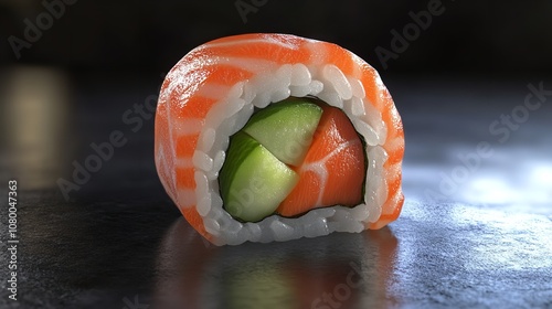 Delicious sushi roll with fresh salmon and cucumber garnish

 photo