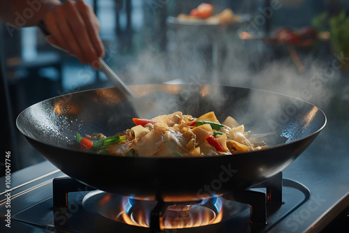 Chef cooking pad thai in a large wok restaurant kitchen food photography modern setting close-up culinary art
