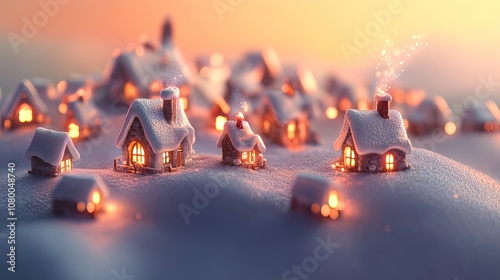 Small houses covered in snow with glowing windows at sunset photo