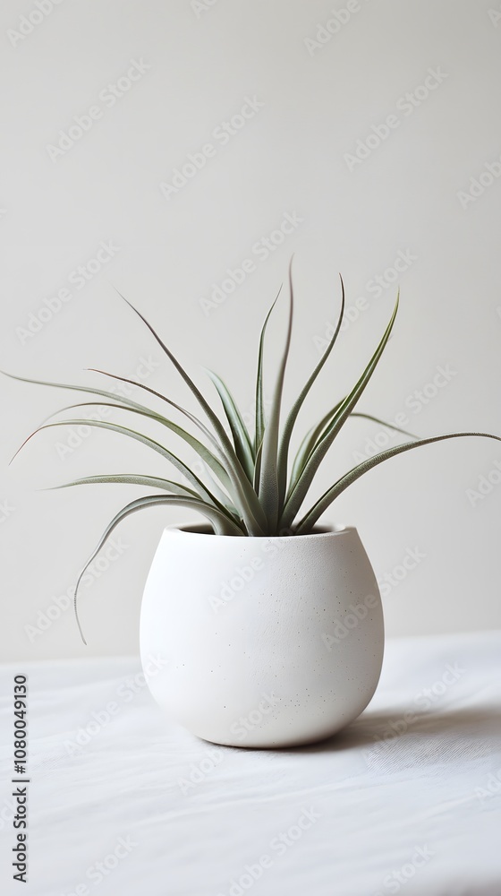 A sleek white ceramic pot with an air plant, in a simple and elegant style, against a clean background. The focus is on the texture of the material and the minimalist design of the planter A sleek white ceramic pot with an air plant, in a simple and elegant style, against a clean background. The focus is on the texture of the material and the minimalist design of the planter