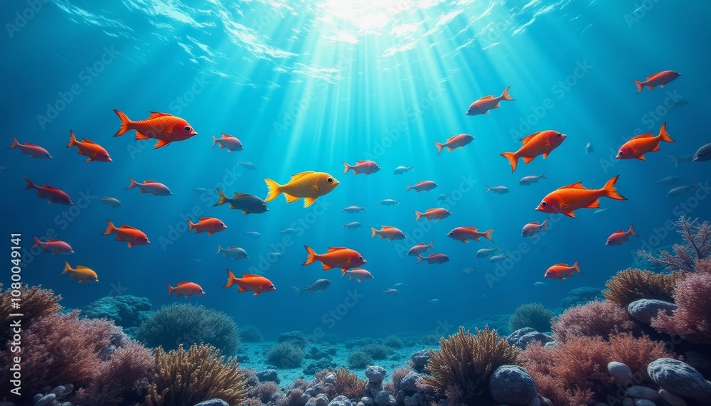 Schooling fish in vibrant underwater scene Schooling fish in vibrant underwater scene