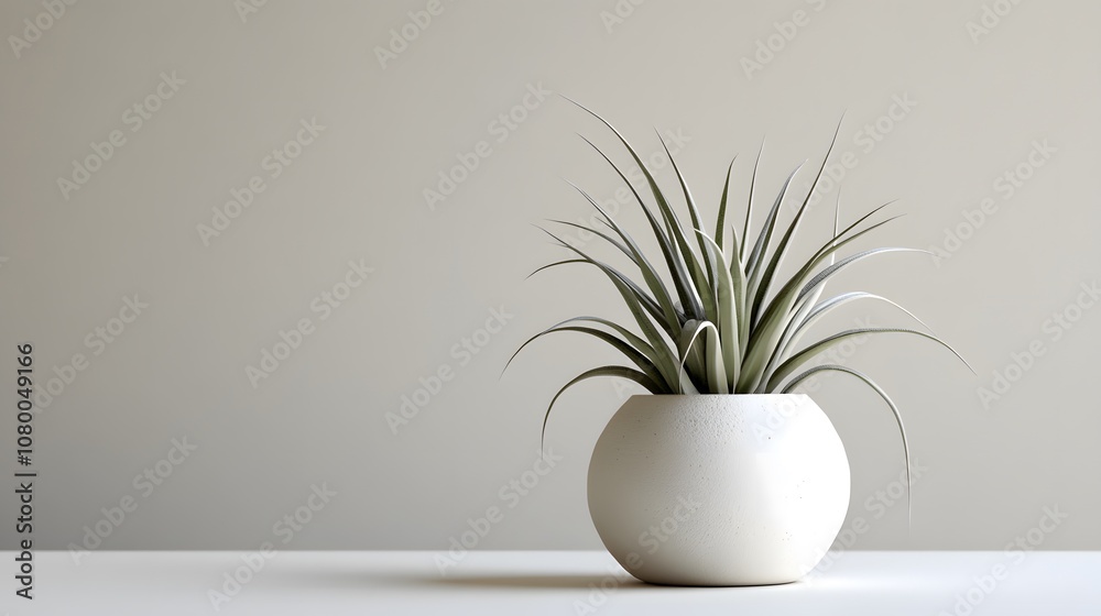 A sleek white ceramic pot with an air plant, in a simple and elegant style, against a clean background. The focus is on the texture of the material and the minimalist design of the planter A sleek white ceramic pot with an air plant, in a simple and elegant style, against a clean background. The focus is on the texture of the material and the minimalist design of the planter