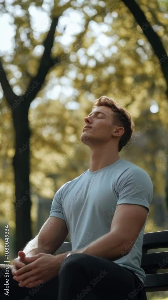 Young man sitting on a bench with closed eyes, enjoying a peaceful moment in nature. Represents mindfulness, relaxation, and mental wellness. Young man sitting on a bench with closed eyes, enjoying a peaceful moment in nature. Represents mindfulness, relaxation, and mental wellness.