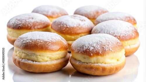 Boiled condensed milk filled German Bismarck donuts on white background