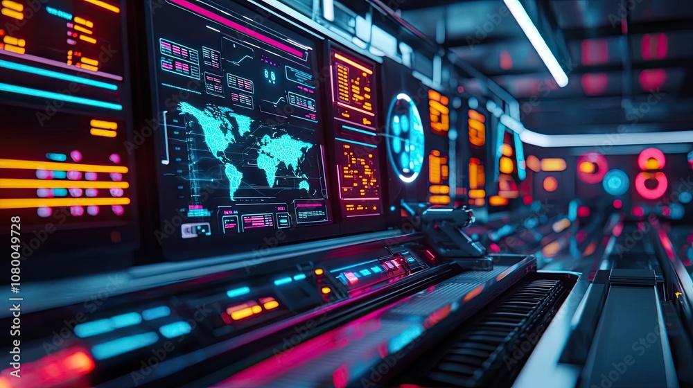 Futuristic control panel with colorful screens and data visualizations Futuristic control panel with colorful screens and data visualizations