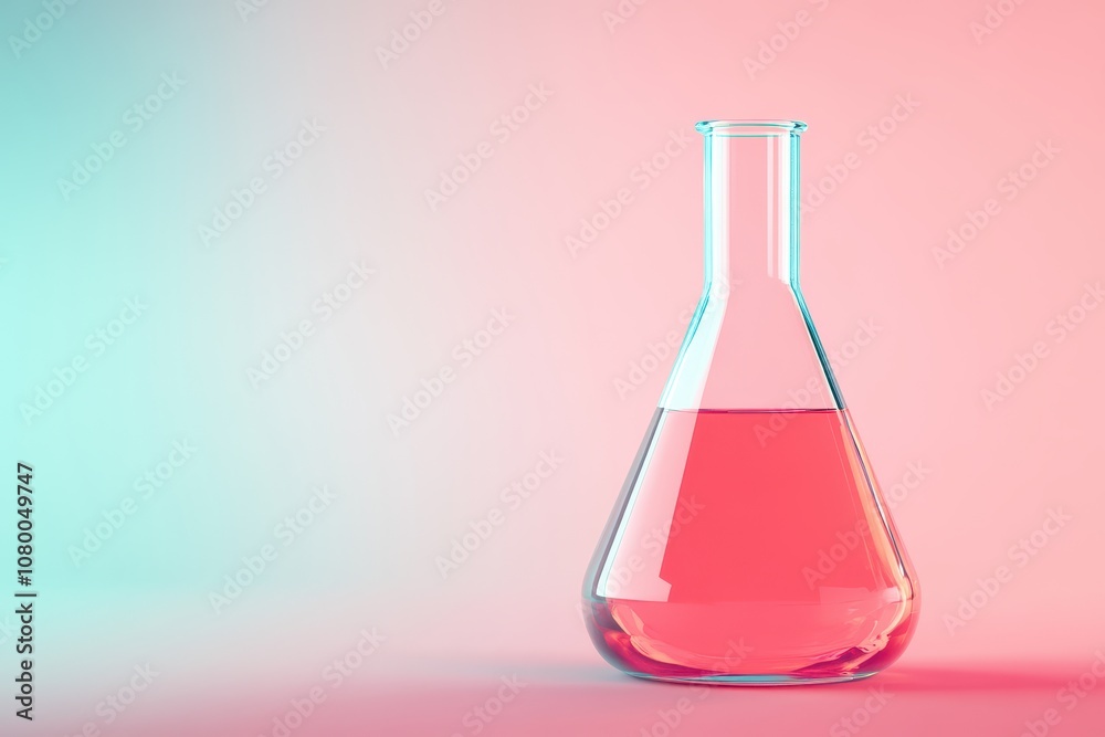 A glass beaker filled with a liquid sits on a background A glass beaker filled with a liquid sits on a background
