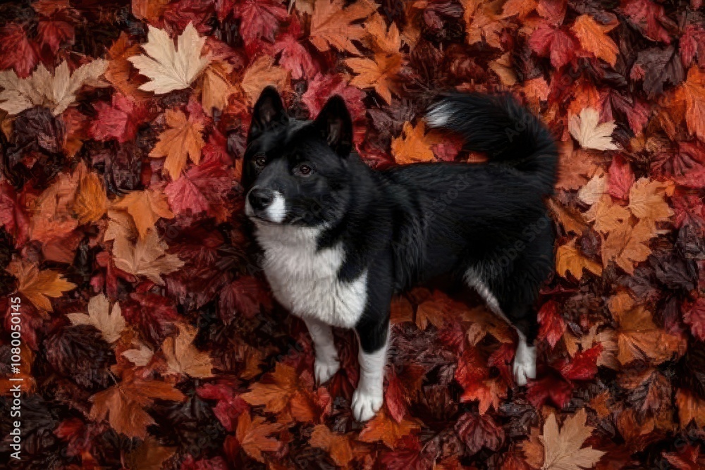 Obraz premium Akita in Autumn Leaves: A proud Akita standing amidst vibrant autumn leaves