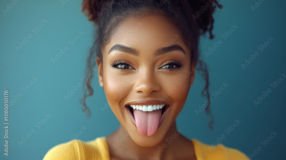An enthusiastic influencer smiles widely and sticks out her tongue, dressed in a bright yellow top, radiating joy against a blue background