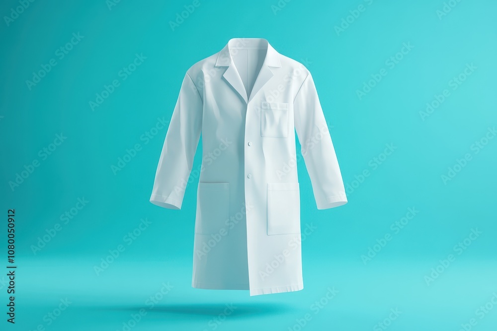 A white lab coat is hanging on a colorful wall A white lab coat is hanging on a colorful wall
