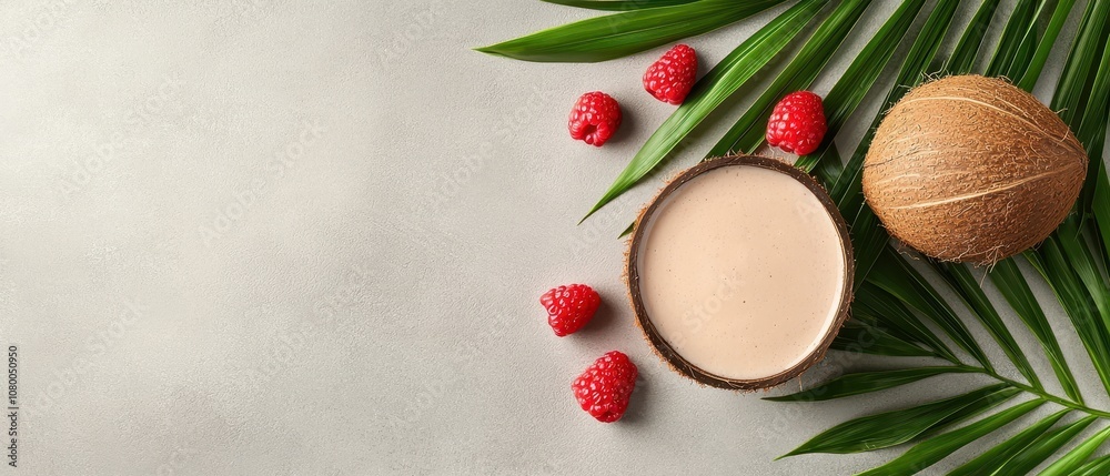 Coconut milk with raspberries and palm leaves on grey background Coconut milk with raspberries and palm leaves on grey background