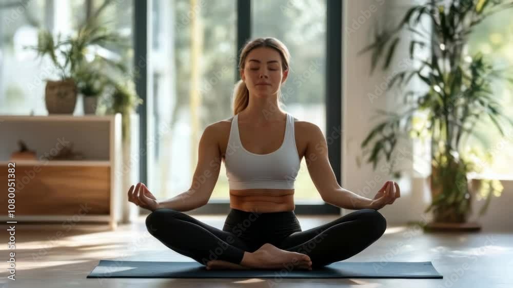 Woman practicing meditation in a serene home environment with plants and natural light. Emphasizes mindfulness, relaxation, and wellness. Woman practicing meditation in a serene home environment with plants and natural light. Emphasizes mindfulness, relaxation, and wellness.