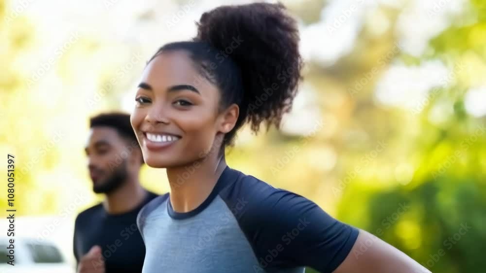 A cheerful woman running outside with a friend, enjoying an active lifestyle and outdoor fitness. Emphasizes health, exercise, and positivity. A cheerful woman running outside with a friend, enjoying an active lifestyle and outdoor fitness. Emphasizes health, exercise, and positivity.