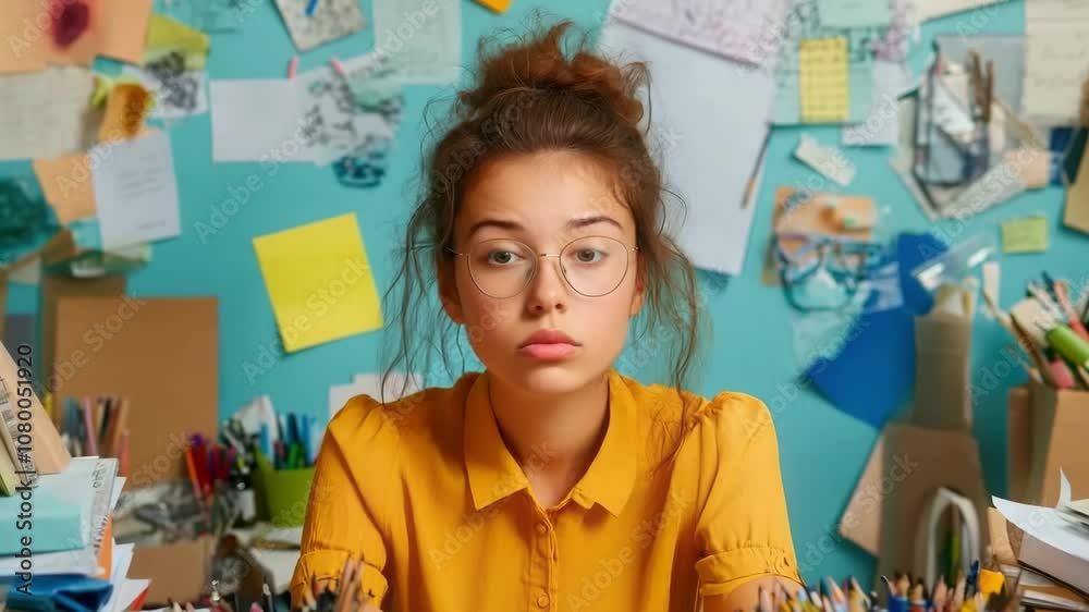 Young woman sitting at a desk surrounded by stationery and papers, showcasing deep focus and concentration while studying or working on a creative project at home. Young woman sitting at a desk surrounded by stationery and papers, showcasing deep focus and concentration while studying or working on a creative project at home.