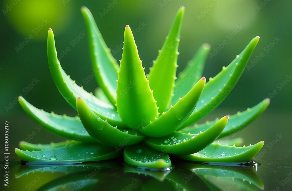 Fototapeta premium Aloe vera cutting leaf with aloe latex and water droplets isolated on white background.
