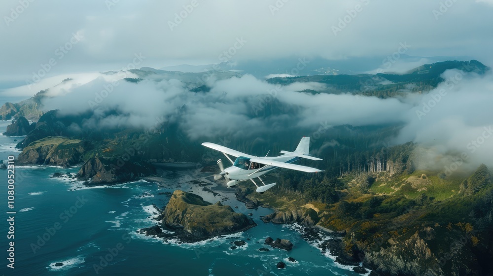 Naklejka premium A Scenic Aerial View of a Light Aircraft Flying Over a Coastal Landscape