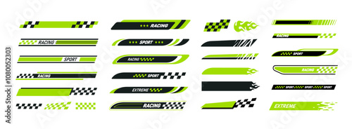 Racing sport Stripes and flames stickers decals set 1. Extreme sports racing flags stickers design. Sport car  and motorbike elements. Vector stickers collection for motorsport and racing event