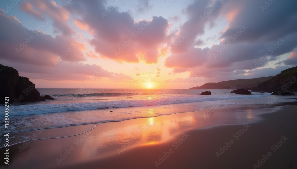 Fototapeta premium Sunsets golden glow on the shore