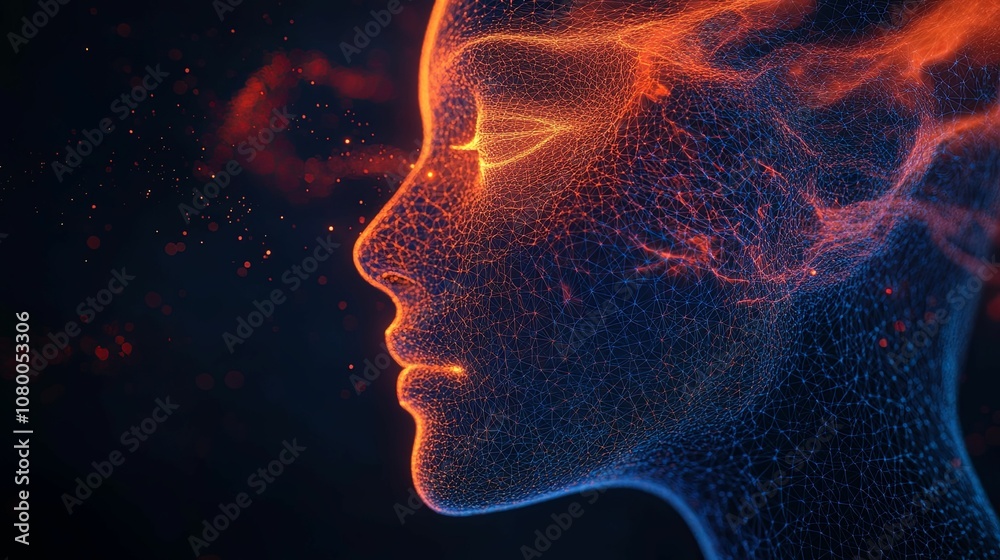 Profile of a digital human constructed from glowing lines Profile of a digital human constructed from glowing lines