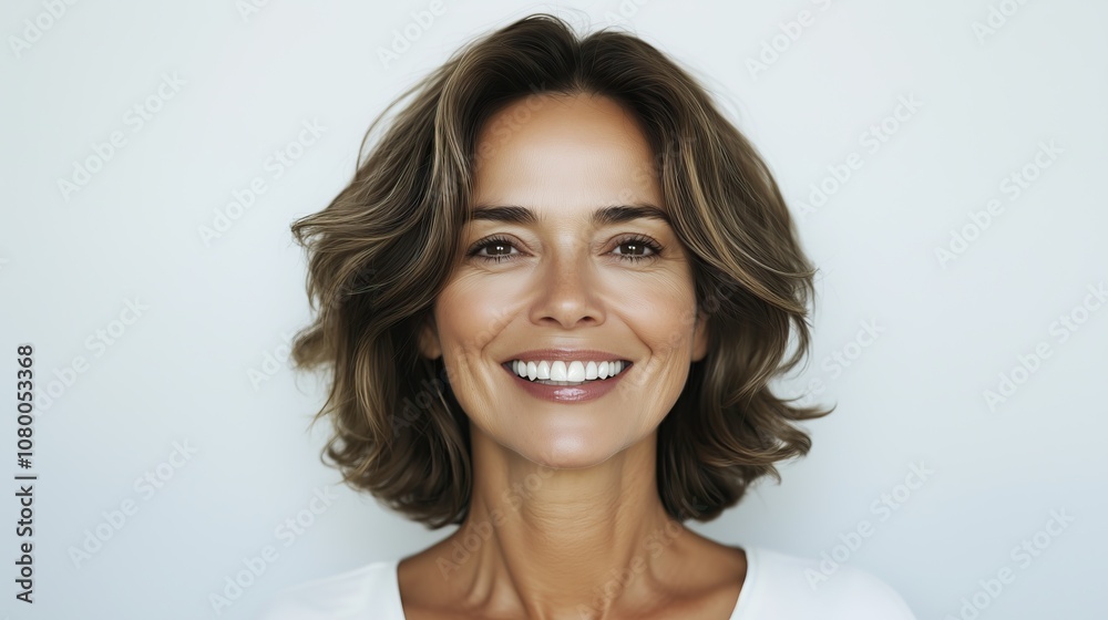 Portrait of an attractive middle aged woman, closeup on grey background Portrait of an attractive middle aged woman, closeup on grey background