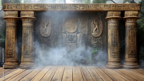 Fototapeta Naklejka Na Ścianę i Meble -  Ancient Egyptian stone pillars with hieroglyphics and smoke in front of a wooden floor.