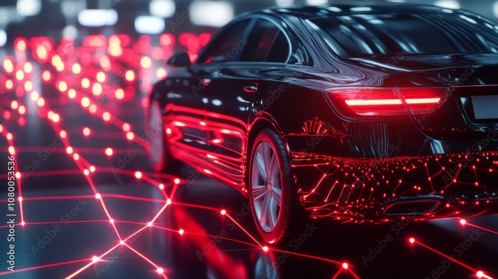 A parked luxury car surrounded by glowing red laser lines, simulating advanced perimeter security. A parked luxury car surrounded by glowing red laser lines, simulating advanced perimeter security.