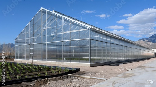 Modern Greenhouse in Countryside with Clear Skies