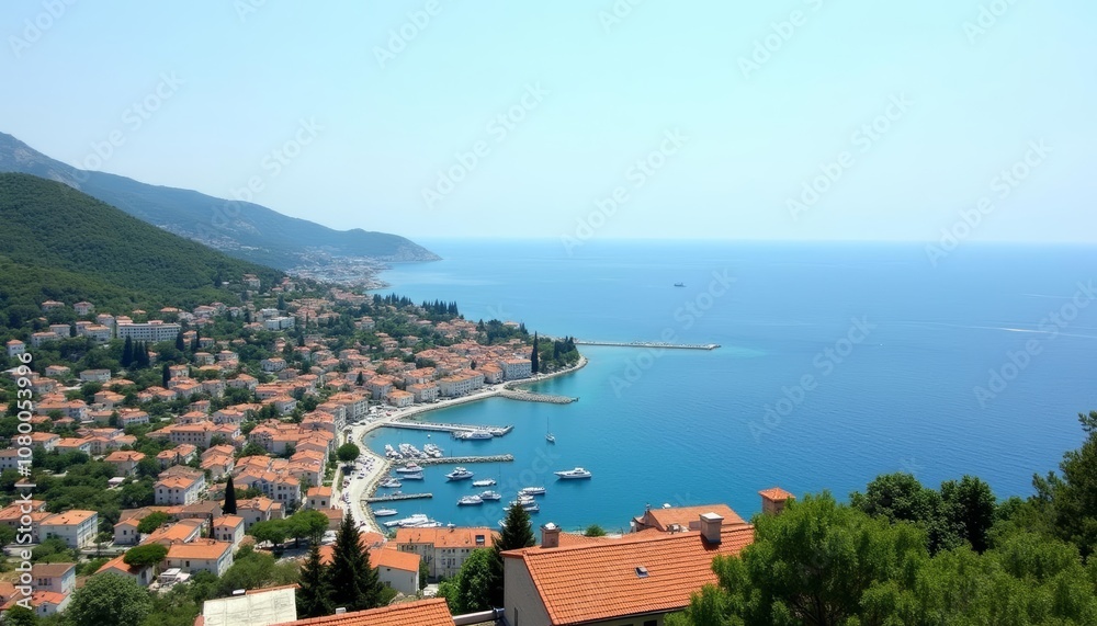 Obraz premium Idyllic coastal town with vibrant blue sea and lush greenery