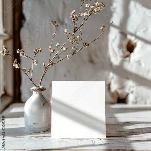 greeting card mockup on a table, simple white room in natural style. ai generated