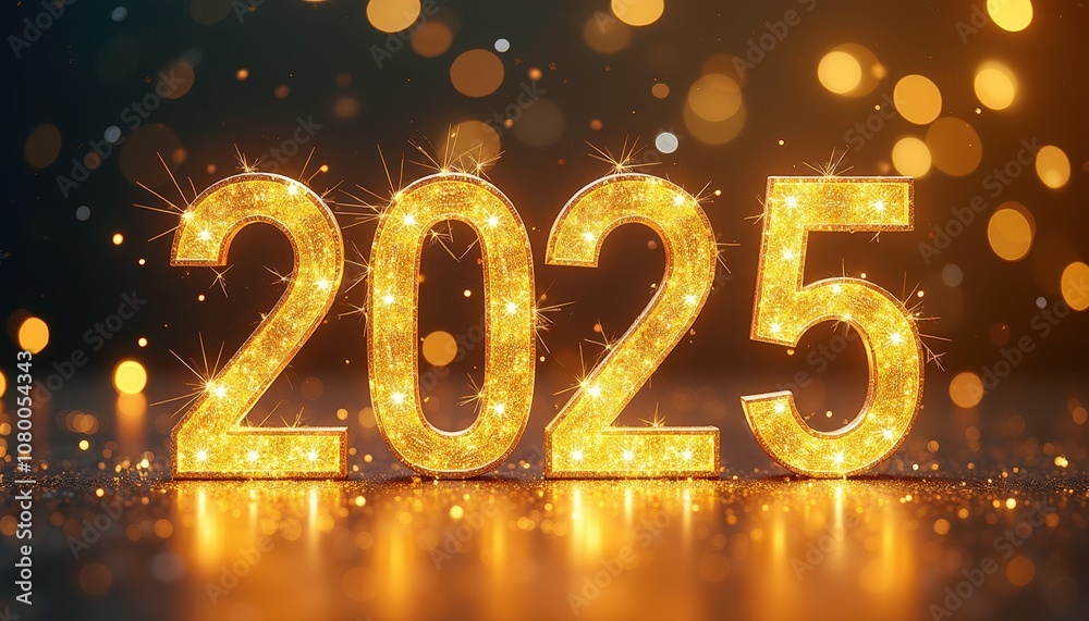 Glittering golden Happy New Year 2025 text sparkling against a festive celebratory background Glittering golden Happy New Year 2025 text sparkling against a festive celebratory background