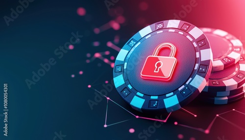 Digital security concept featuring poker chips with a lock symbol, representing online gambling security and protection.