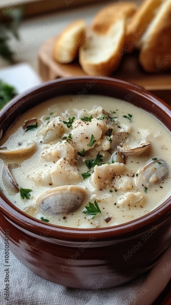 Delicious creamy clam chowder served in a rustic bowl with herbs and crusty bread on the side, perfect for a comforting meal. Delicious creamy clam chowder served in a rustic bowl with herbs and crusty bread on the side, perfect for a comforting meal.