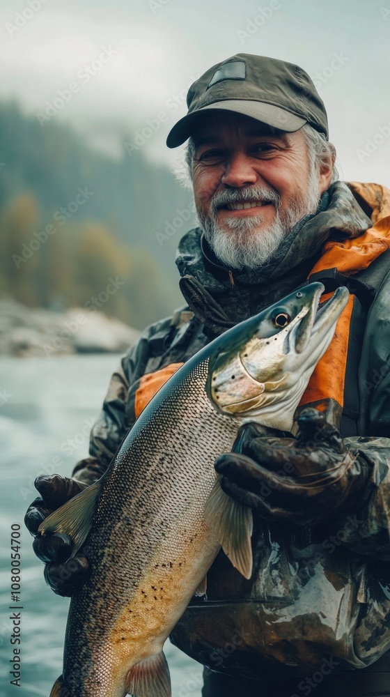 Naklejka premium A man is holding a large fish in his hands