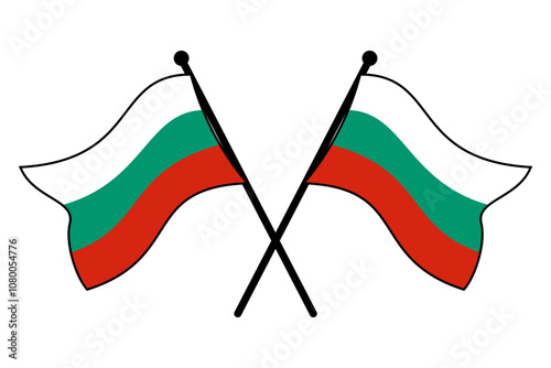 Crossed Bulgarian Flags Waving on Flagpoles - Minimalist Sticker Template, Badge, Logo, and Sign Mockup, Scalable and Editable EPS Vector, Clean White Background Design