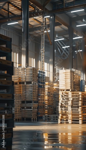 A stunning realistic photo of a modern warehouse with neatly organized standardized pallets