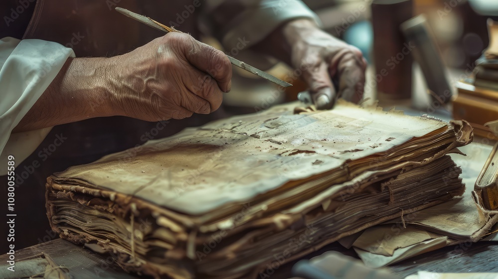 Fototapeta premium Antique Book Restoration Process in a Workshop
