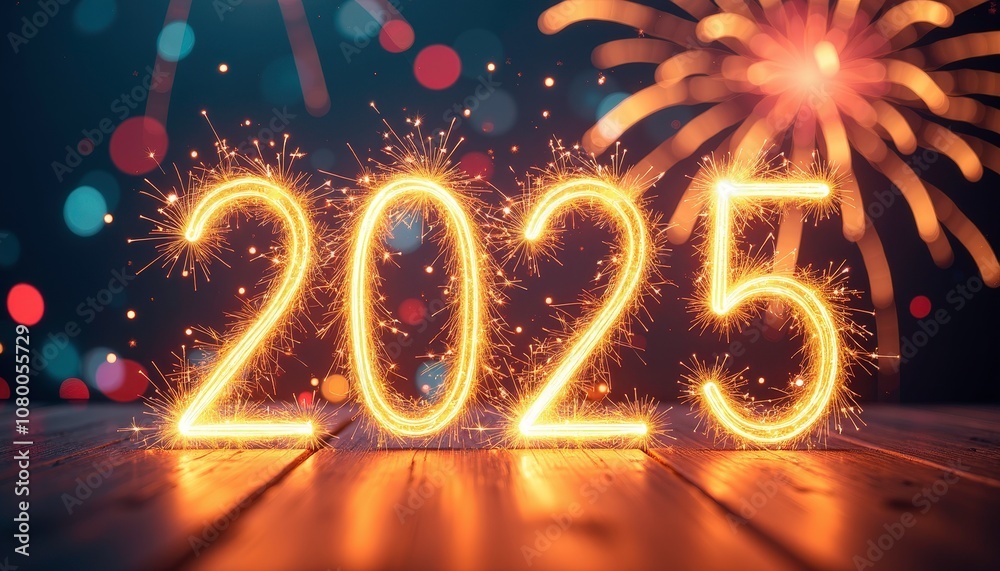 Bright Happy New Year 2025 banner adorned with sparkling fireworks and colorful lights in the background Bright Happy New Year 2025 banner adorned with sparkling fireworks and colorful lights in the background