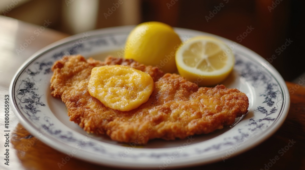 Delicious fried fish fillet served with fresh lemon slices on a decorative plate, perfect for a gourmet meal or seafood feast. Delicious fried fish fillet served with fresh lemon slices on a decorative plate, perfect for a gourmet meal or seafood feast.