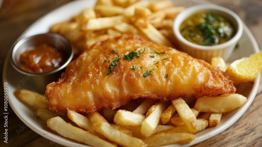 Delicious fried fish served with crispy fries and dipping sauces on a rustic plate, perfect for food lovers and restaurant menus. Delicious fried fish served with crispy fries and dipping sauces on a rustic plate, perfect for food lovers and restaurant menus.