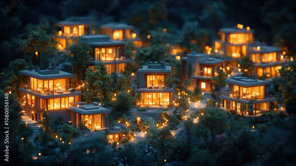 Obraz premium A serene nighttime scene of illuminated modern houses in nature.