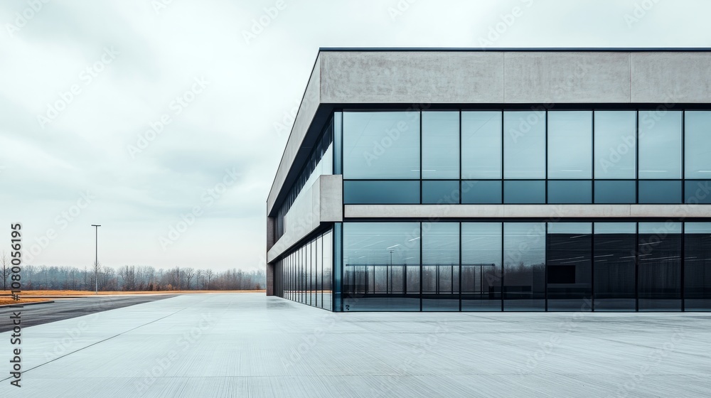 A minimalist office building with clean lines, large windows, and a sleek concrete exterior A minimalist office building with clean lines, large windows, and a sleek concrete exterior