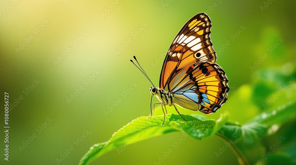 Vibrant butterfly on dew-kissed leaf in lush green nature setting Vibrant butterfly on dew-kissed leaf in lush green nature setting