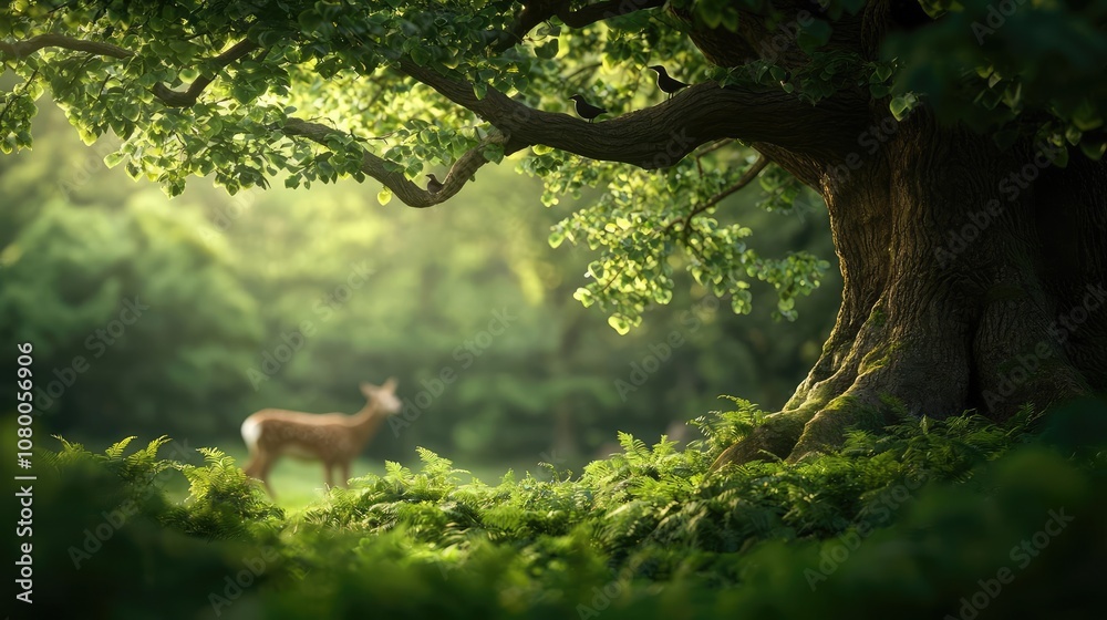Deer standing gracefully under a majestic tree in a tranquil forest setting. Deer standing gracefully under a majestic tree in a tranquil forest setting.
