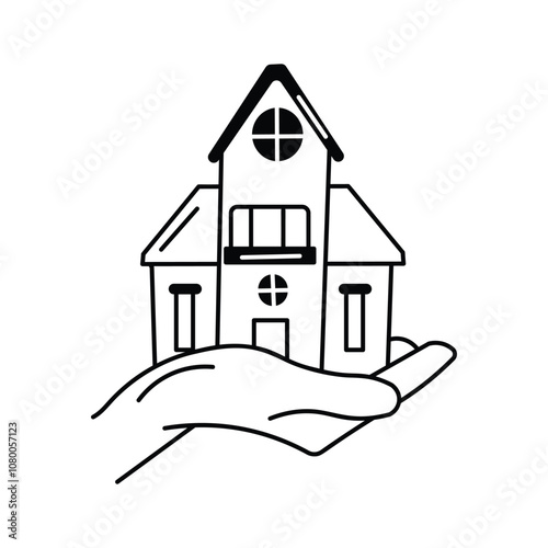A house resting on a hand, symbolizing property care and support