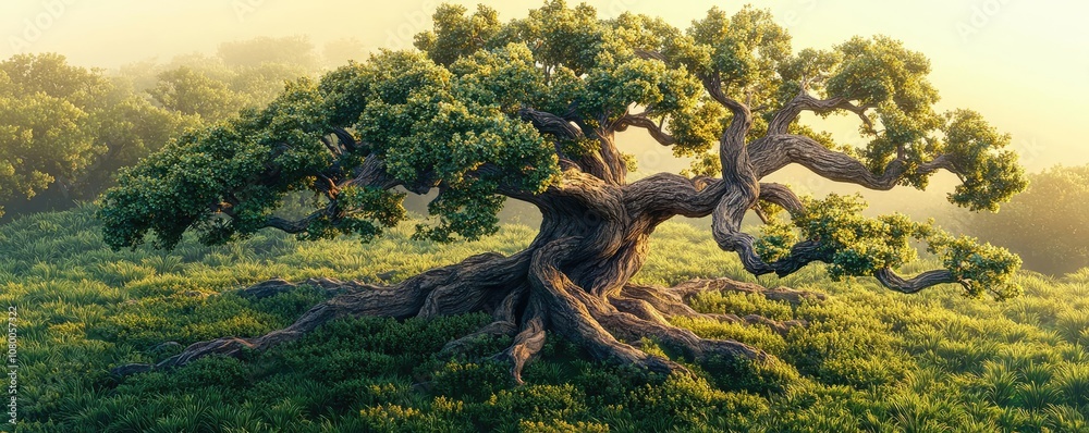 Obraz premium Majestic tree with lush green foliage against a scenic landscape.