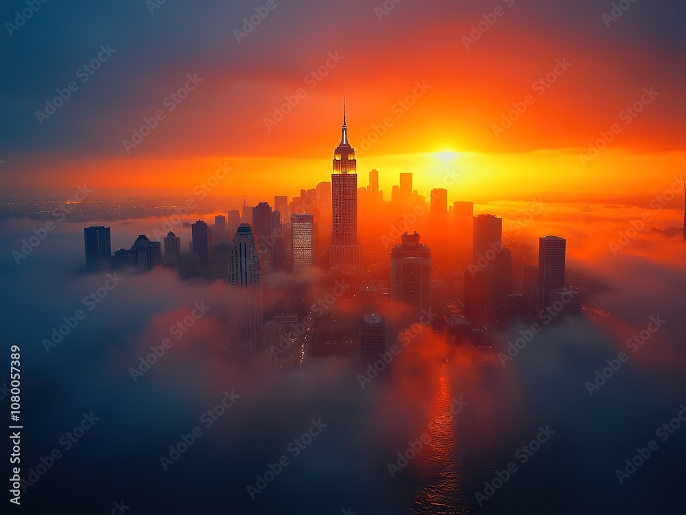Obraz premium Misty sunset reveals vibrant skyline