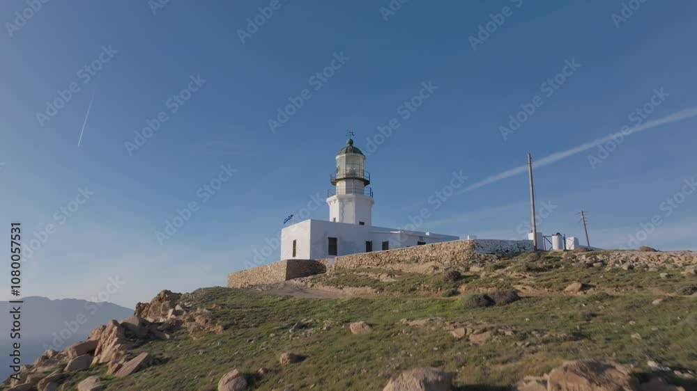 Armenistis lighthouse in Mykonos, Greece with reveal of the Aegean Sea Armenistis lighthouse in Mykonos, Greece with reveal of the Aegean Sea